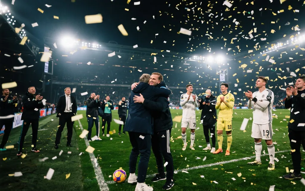 决赛终场哨响后教练与球员相拥，聚光灯下的纪录片感瞬间